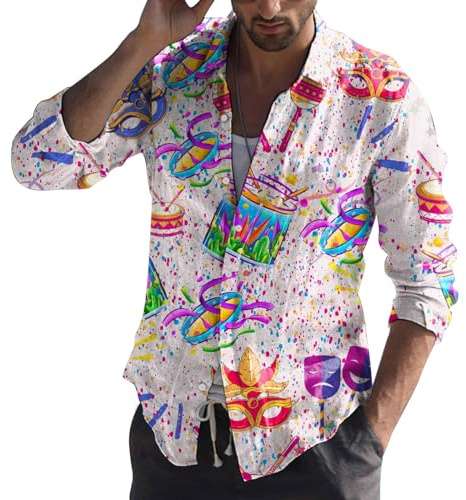 Chemise Disco pour Homme - Imprimé Carnaval - Tenue de fête Confortable des années 70 - Manches Longues - Coupe régulière - Costume décontracté Vintage Streetwear, Rose, XL