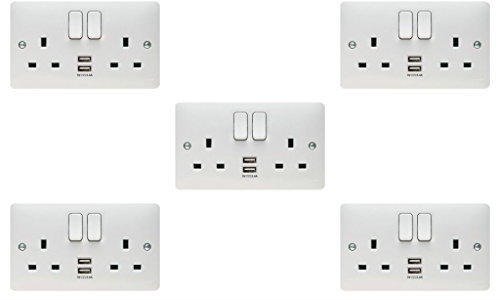 Pack of 5 x Hager WMSS82USB 'Sollysta' Switch Socket Outlet 13 Amp with 2 x USB Charging Points 2.4A