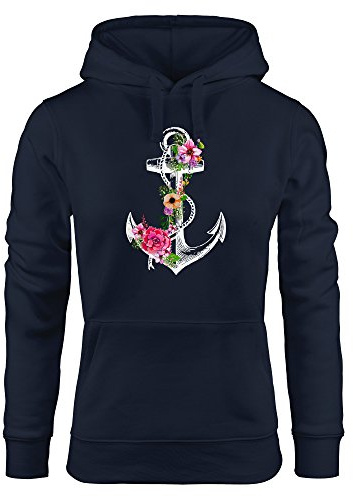 Neverless Damen Hoodie Anker Blumen Flower Anchor Watercolor Kapuzen-Pullover