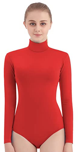 SUPRNOWA Rollkragen-Trikot, lange Ärmel, Spandex, für Tanz, Workout, Fitness, Bodysuit für Damen, Rot/Ausflug, einfarbig (Getaway Solids), S