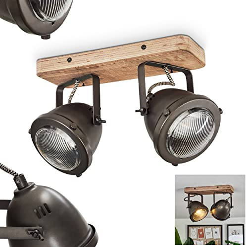 Deckenleuchte Glostrup, dimmbare Deckenlampe aus Metall/Holz in Braun, 2-flammig, Lampenschirm dreh- u. schwenkbar, 2 x GU10-Fassung, Spot im Retro-Design, ohne Leuchtmittel