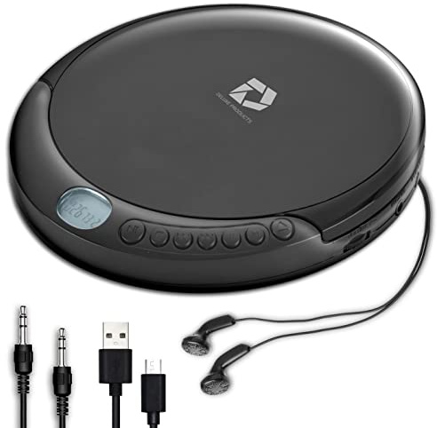 Deluxe Products CD Player Portable with 60 Second Anti Skip, Stereo Earbuds, Includes Aux in Cable and AC USB Power Cable for use at Home or in Car