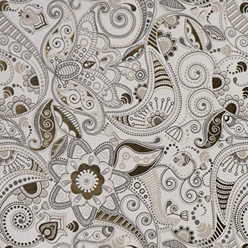 SCHÖNER LEBEN. Dekostoff Baumwolle Foliendruck Paisley Blumen weiß grau Taupe Gold 1,