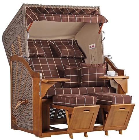 MR. DEKO® Strandkorb Schleswig Pinie Volllieger | Strandstuhl Liegestuhl Pinienholz | PE Geflecht Mokka | Dessin 556 inkl. 4 Kissen | Strandkörbe aus Pinie für Garten, Wintergarten und Terrasse