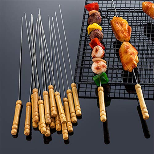 Brochetas para barbacoa, mango de madera de acero inoxidable, brochetas de cordero Brochetas de barbacoa, Pinchos Parrilla de hierro, accesorios para pinchos redondos, aguja para barbacoa, 100pcs