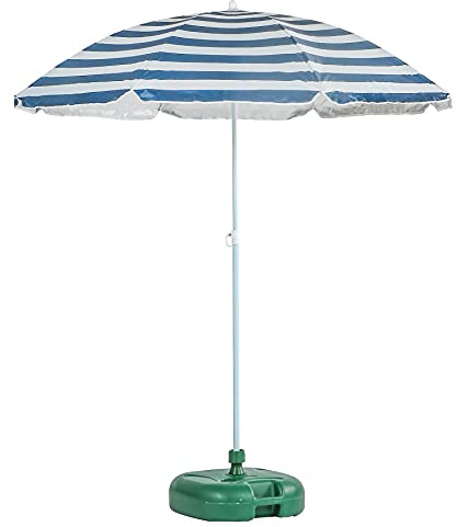 Harbour Housewares Blue Striped Beach Parasol with Base - 1.74 x 1.93m - UPF 50+ Portable Garden Umbrella with Green Base Lightweight UV Sun Protection Umbrella for Picnics, Garden and Beach Days
