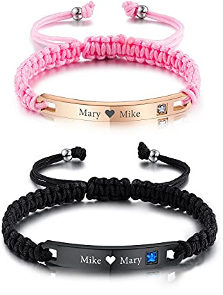 INBLUE Maßgeschneiderte Geflochtene Seilarmbänder mit Gravierter Edelstahlplatte Geburtssteine Handgefertigte Verstellbare Armbänder Geschenke für Frauen Männer Paare Freundschaft Familien