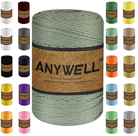 ANYWELL 3-6mm Erbsengrün Makramee Garn 4mm x 218yards, Baumwollgarn Naturliches Baumwollkordel Baumwolle Garn Basteln für DIY Handwerk Basteln Wand Aufhängung Pflanze Aufhänger