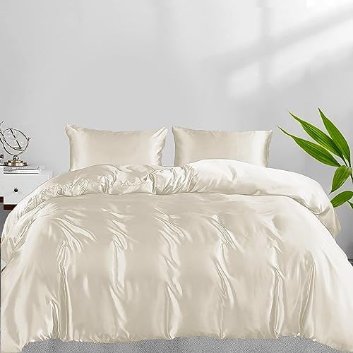 LINENWALAS Duvet Cover Set Double Size, 100% Bamboo Bedding 3 Piece Cooling Comforter Cover 200x200 cm Soft, Anti Allergy Thermo regulating Lightweight Silk Quilt Cover (Double, Ivory/Off- White)