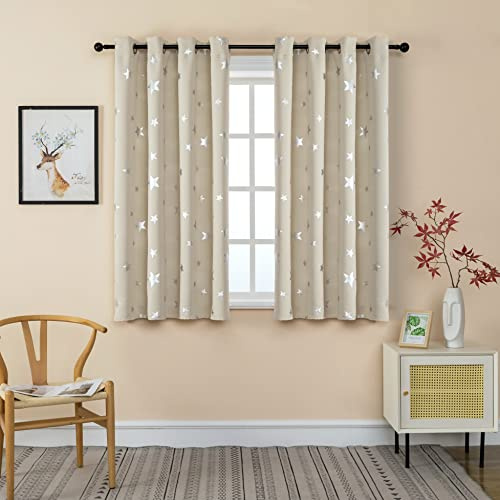 GIRASOLE HOME® Paar weiche Verdunkelungsvorhänge, Motiv: silberfarbene Sterne, weicher Vorhang für Innenräume, mit Ösen, 2 Paneele (Beige, 140 x 145 cm)