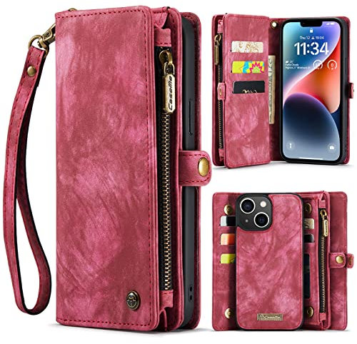 SWP Case for iPhone 14 Plus, Wallet Case w/Magnetic Detachable Cover [8 Card Slots] Clutch Wallet w/Wristlets Money Pocket for iPhone 14 Plus (Red)