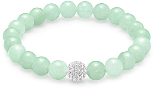 day.berlin Premium Bean Saphire Perlenarmband, Damen Naturstein Armband mit echten 8mm Edelsteinen, flexibles Zugband 18cm lang, handgeknüpft mit Pave Zirkonia Perle, versilbert