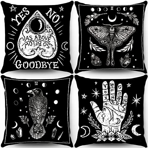 Arzoe Gothic-Kissenbezüge, 45,7 x 45,7 cm, Vintage-Kissenbezüge, geheimnisvolle Hexen-Dekoration, Kissenbezüge, Wohnzimmer-Kissenbezüge für Hände, Tattoos, wie oben, Krähe, Motte
