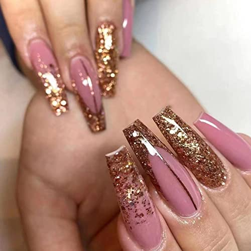JUSTOTRY 24 Pcs Glitter Fake Nails Long,Gold French Press on Nails Patterns, Beautiful Pink Ballerina Stick on Nail for Women, Acrylic Coffin False Nail Long for Nail Art