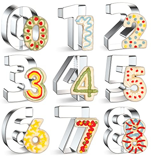 FUSOTO 9PCS Number Cookie Cutters Set, Birthday Numbers 0-8(6 Reverses to 9), Stainless Steel Cookie Cutters for Baking, Number Shaped Baking Tool for Homemaking Biscuits, Cookie, Dough