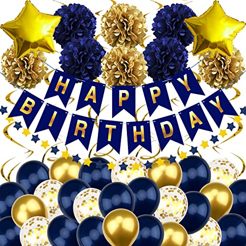 Recosis Marineblau Gold Geburtstagsdeko, Happy Birthday Banner mit Pompoms Papier Girlande Wimpel Spiral und Luftballon Kindergeburtstag für Mädchen Junge Mann Frauen Geburtstags Dekorationen