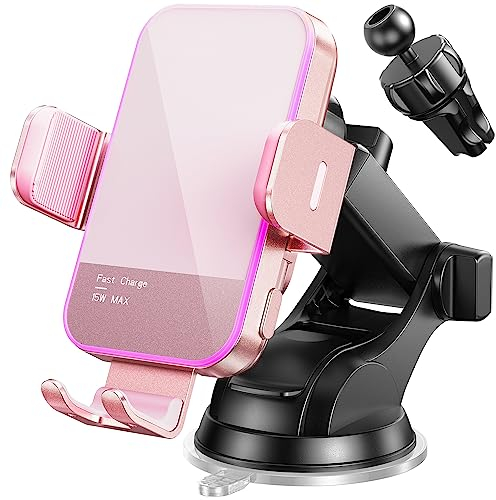 Wireless Car Charger,【7 Colored LED Backlit】 15W Auto Clamping Car Charger Phone Mount Holder fit for iPhone 14 13 12 Mini Pro Max 11 XR XS, Samsung Galaxy S23 Ultra S22 S21+ S10+ Note 20, etc - Pink