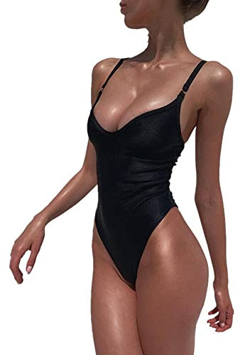 BKEPDY Costume Intero Donna Sexy Costume Intero con Controllo della Pancia Costumi da Bagno Donna con Scollo a V Profondo con Spalline Regolabili Senza Schienale Bodysuit Nuoto (Nero L)