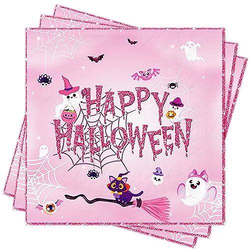 BUSCANDO 40Stück Servietten Halloween Tischdeko Rosa Servietten Halloween Party Deko Accessorries 33x33cm Servietten Happy Halloween Napkins Papierservietten