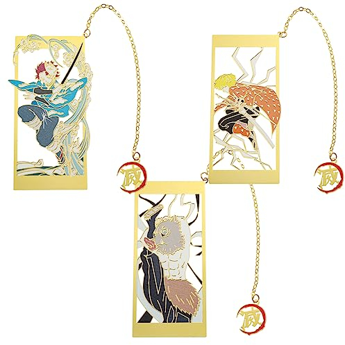 Demon Metall Lesezeichen Slayer Anime Kawaii Kamado Tanjirou, Agatsuma Zenitsu, Hashibira Inosuke Book Mark Schulbedarf Geschenke für Männer Frauen Gelehrte Lehrer Lesungen Liebhaber (3 Stück)
