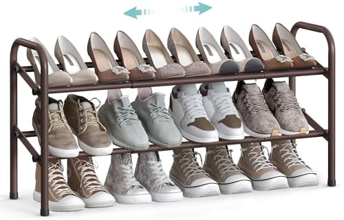SONGMICS Zapatero Extensible, Zapatero de Metal de 2 Niveles, Organizador de Zapatos Ajustable, Estante Zapatos para Pasillo, Armario, Puerta, Fácil Montaje, Bronce LMR029A01