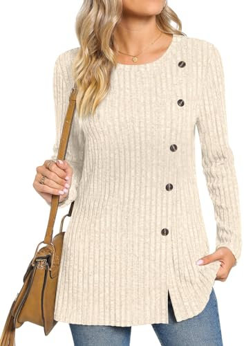 TAOHUADAO Women's Long Sleeve Jumpers Crewneck Tunic Tops with Button Sides Loose Casual Fall Sweater Shirts for Leggings S, Beige