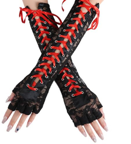 Prosy Schwarz Schnürung Fingerlose Handschuhe Lange Ellbogen Handschuhe für Kostüm Party Schnürung Arm Warmer für Frauen und Mädchen (Rot)