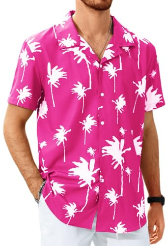 Plilima Chemise Hawaienne Homme Manches Courtes -Chemise Homme été Funky Aloha Imprimé Plage Casual Chemise Rose XL