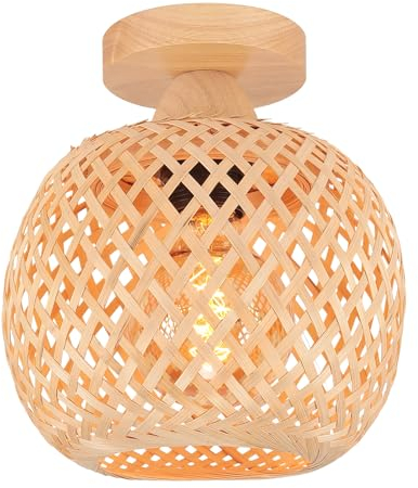 LIGKIN Plafonnier Rétro en Bambou Cage Tissage Lustre Style Bohème Abat-jour en bambou Lampe de plafond Vintage Luminaire Plafonnier pour Chambre Restaurant Cuisine Café