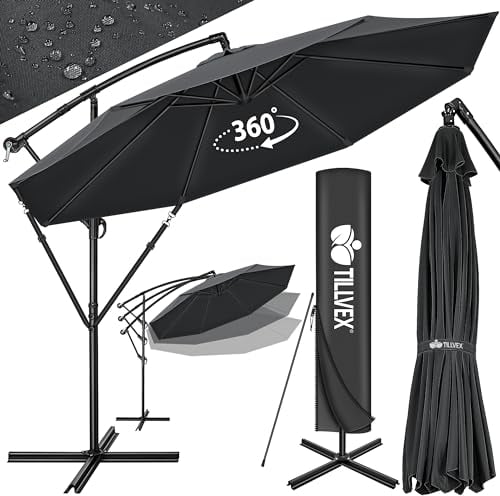 tillvex Alu Sonnenschirm + Abdeckung Ø 350 cm mit Kurbel | Ampelschirm mit Ständer & Windschutz | Gartenschirm UV-Schutz Aluminium | Kurbelschirm Marktschirm wasserdicht 360° drehbar Anthrazit