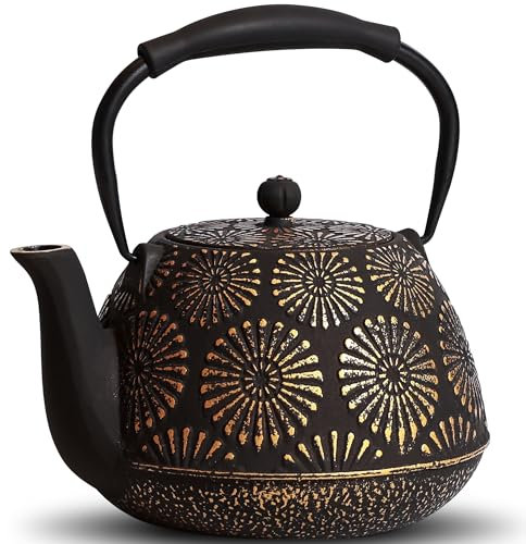 MILVBUSISS Théière en fonte de grande capacité avec infuseur pour plaque de cuisson, théière japonaise Sakura pour feuilles mobiles, revêtement intérieur émaillé, poignée en silicone, 1200 ml, noire