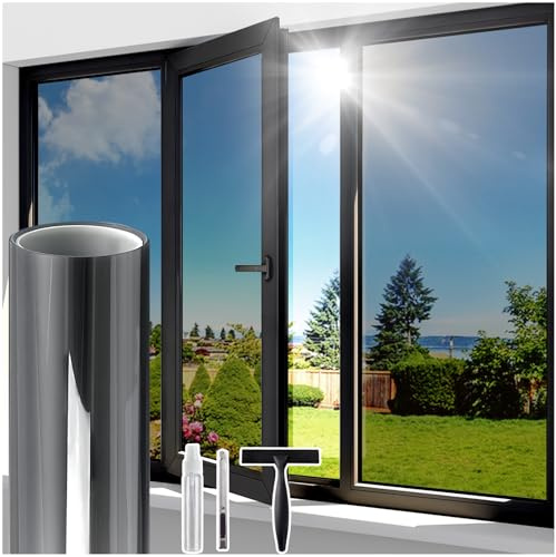 Windimiley Fensterfolie Sonnenschutz Spiegelfolie Fenster Sichtschutz, Blickdicht von Aussen Sonnenschutzfolie 75x200cm, Selbsthaftend UV-Schutz Hitzeschutz Wärmeschutzfolie für Büro Schwarz-Silber