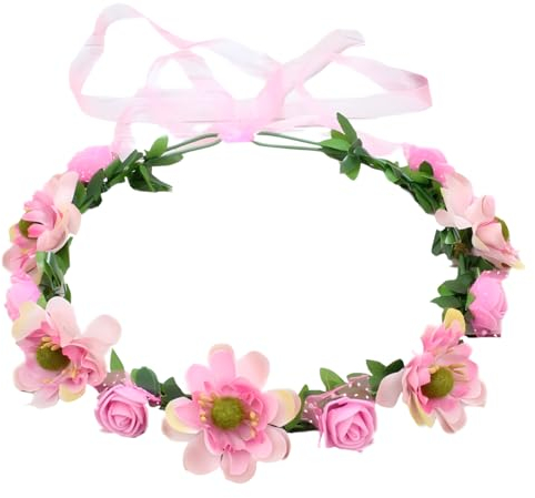 QHFlashbuy Coroncine Fiori per Capelli,Fiori Corona Fascia Capelli con Nastro Regolabile Flower Crown,Fascia per Capelli con Corona di Fiori per Festival Festa(Pink)