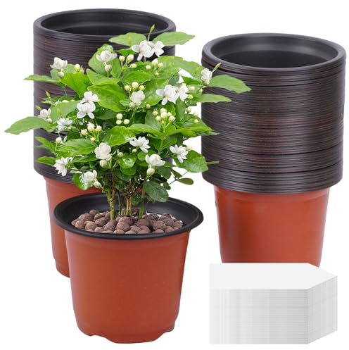 Macetas de Plástico Grueso, 100 Macetas de Cultivo de 4 Pulgadas con 100 Etiquetas para Plantas, Macetas de Jardinería para Interiores y Exteriores para Semillas, Verduras, Suculentas, Color Marrón