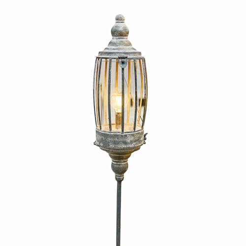 Loberon Wiederaufladbare LED-Laterne Lagia, antikes Finish, wiederaufladbar mit USB-C, für Innen- & Außenbereich, mit Erdspieß, Dekoration, Eisen, Glas, antikgrau