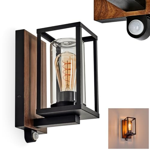Außenwandleuchte Portalis, Außenleuchte mit Bewegungsmelder aus Metall/Glas in Schwarz-Braun/Klar, moderne Wandlampe für Terrasse/Hof/Eingangsbereich, 1 x E27, ohne Leuchtmittel, IP44
