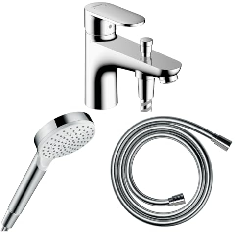 Hansgrohe Pack mitigeur Bain Douche monotrou Vernis Blend + Flexible Isiflex + Pommeau Crometta Blanc/chromé