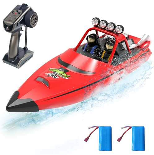 Hitish RC Boat for Kids Adults 2.4GHz Remote Control Boats with LED Light for Pool Lakes Water, 20MPH Fast Speed Racing Jet Boat Toy for Boys Girls, 2 Rechargeable Batteries 40+ Mins, Red