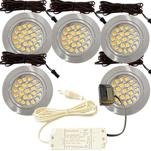 5er Set LED Möbel Einbauleuchten 12V ultra flach 2.4W Einbauleuchten Mira 190lm mit LED Trafo und 230V Zuleitung 3000K Warmweiß Lochausschnitt: 58 bis 60mm Silber Plug and Play Spots Ø=65,5 X 10,7mm