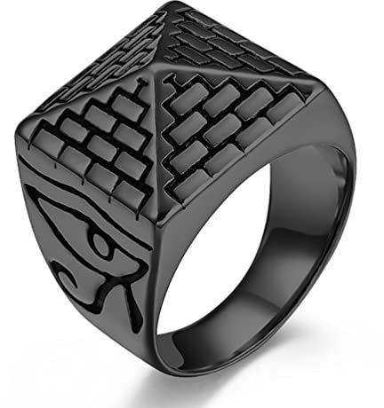 Triangular Pyramid Seal Eye of Horus Ring, Edelstahl-Herrenring mit Anubis-Muster,Schwarz,9