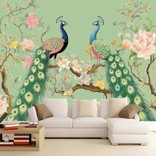 Papier Peint Panoramique Paon De Style Oriental Murale, Vert Clair Papier Peint Tapisserie Intissé 250 x 175 cm Chambre Salon Poster Decoration Papier Peint Revêtement mural