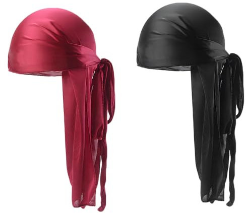 Pirat Kopftuch Tail Langem, 2 Stück Unisex Piraten Bandana, Piraten Hut Kopftücher Piratentuch, Piratenmütze Piratenkappe Durag für Karneval Halloween Cosplay, Schwarz und Weinrot