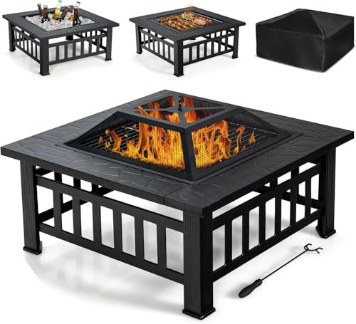 GOPLUS Brasero Exterior Jardin 3 en 1, Brasero Cuadrado de Hierro con Parachispas, Póker Largo, Rejilla para Barbacoa, Rejilla para Leña, Mesa Chimenea para Barbacoa Fogata Picnic Camping, 81x81x50cm