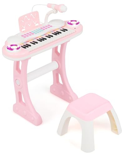 COSTWAY Set Pianoforte Digitale 37 Tasti per Bambini, Tastiera Elettronica con Microfono Sgabello, 8 Ritmi e 8 Strumenti, Funzioni di Record e Playback, Pianoforte Giocattolo per Ragazzi 3+Anni (Rosa)