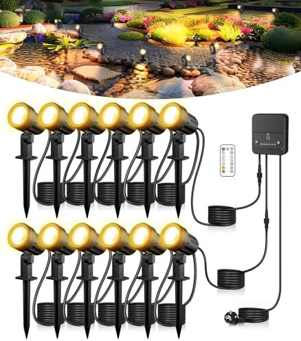 CLV Focos Exterior Jardín 12 Piezas, 35M Foco Proyector Exterior 2700K-6500K Regulable 2400LM Lámpara de Césped 2 Modos Dinámicos Luces de Paisaje de Jardín IP66 Impermeable Iluminacion Jardin