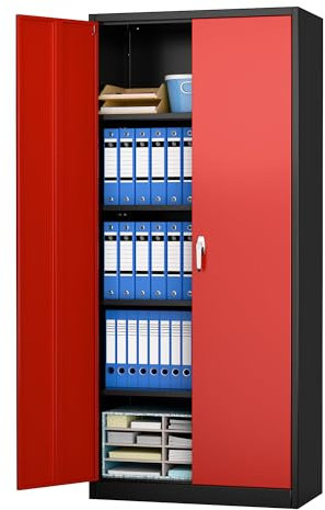 SUPEER Armario de almacenamiento de metal con 2 puertas y 4 estantes ajustables, armario de acero de 180 cm de alto para almacén, garaje, hogar, oficina, fácil montaje (negro/rojo)