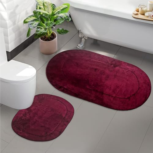 Bonny Home 2er Badteppich Pflaume rutschfeste Badematte mit Ledersohle | Weiche Bad- und Duschvorleger | Für Bad, Dusche und Toilette Maschinenwaschbar Badvorleger Rixos