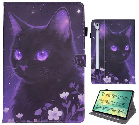 Bemoloon PU Tablet Case for Samsung Galaxy Tab S10 Lite/S10 FE/S9 FE 10.9 SM-X510/X520 Vibrant Colors & Stylish Patterns, Protection Cover, Scratch-Resistant, Auto Wake/Sleep, Dream Cat