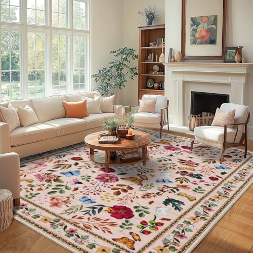MAST DOO Tapis de salon, lavable, 140 x 200 cm, style bohème, fleurs, à poils courts, grand, pour salle à manger, chambre à coucher, bureau, lavable, antidérapant, motif floral, rose