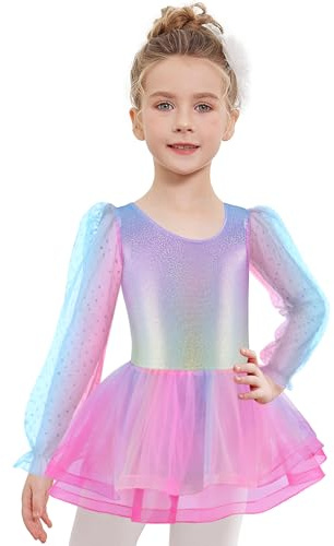 Arshiner Kinder Ballettkleidung Mädchen Baumwolle Langarm Ballettkleid Tanzkleid mädchen Ballettrock Balletttrikot Ballettanzug mit Rock Tütü Regenbogen 120 2-3 Jahre
